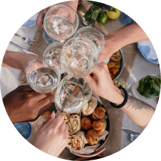 group toasting at brunch